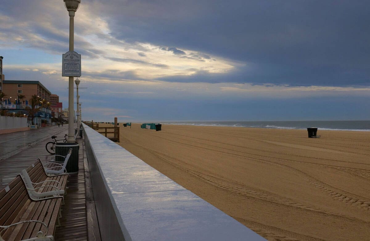 View of the beach from the boardwalk in Ocean City, Maryland