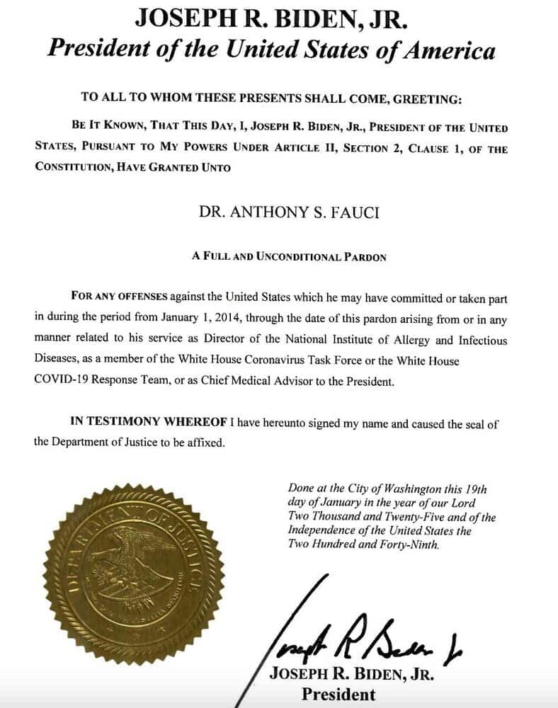 Pardon of Dr. Anthony Fauci