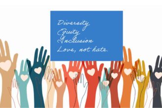 Multi-colored arms raised with hearts on their hands