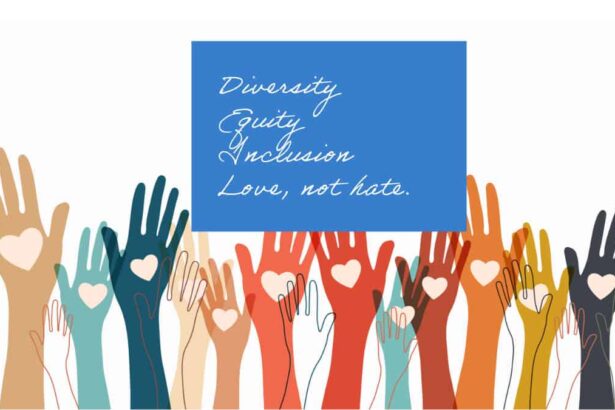 Multi-colored arms raised with hearts on their hands