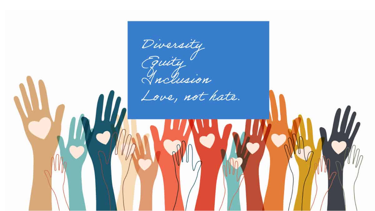 Multi-colored arms raised with hearts on their hands