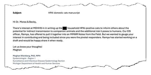 Bird flu studies email screenshot obtained by KFF Health news
