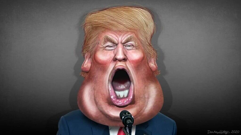 Caricature of Donald Trump with a big open mouth