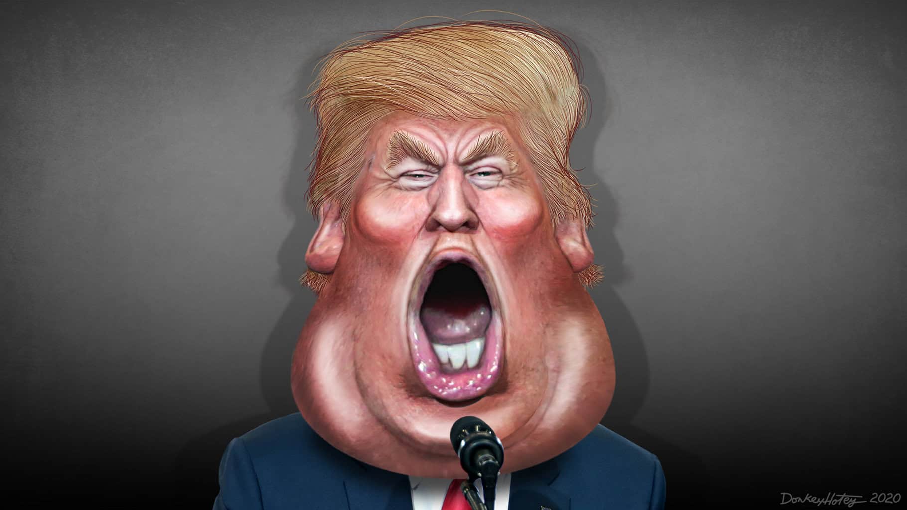 Caricature of donald trump with a big open mouth