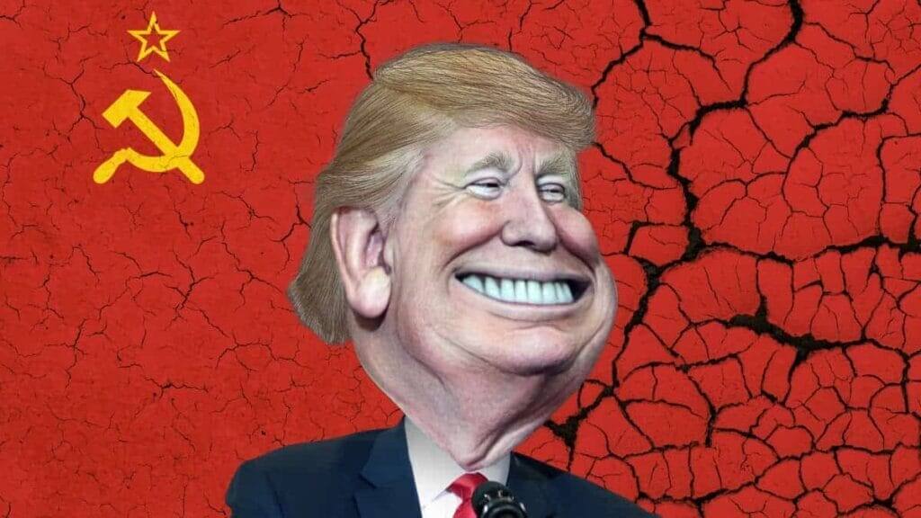 Donald Trump caricature on a Russian flag background