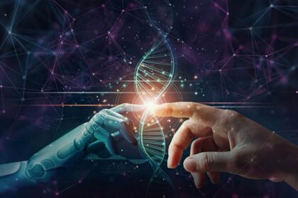 Robot and human hands touch fingers with a dna strand down the center