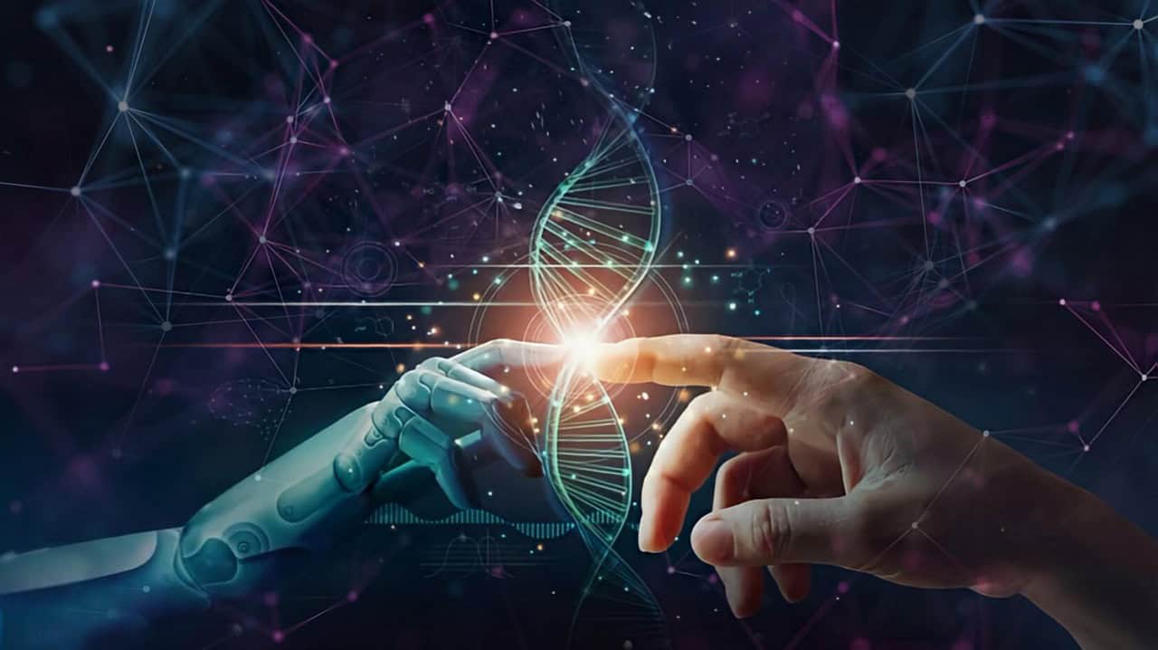 Robot and human hands touch fingers with a DNA strand down the center