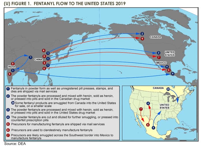 Map showing the flow of fentanyl into the U.S. from other countries