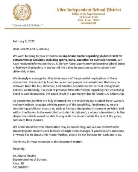 Letter warning parents that bordervoatrol agents could board buses looking for undocumented students