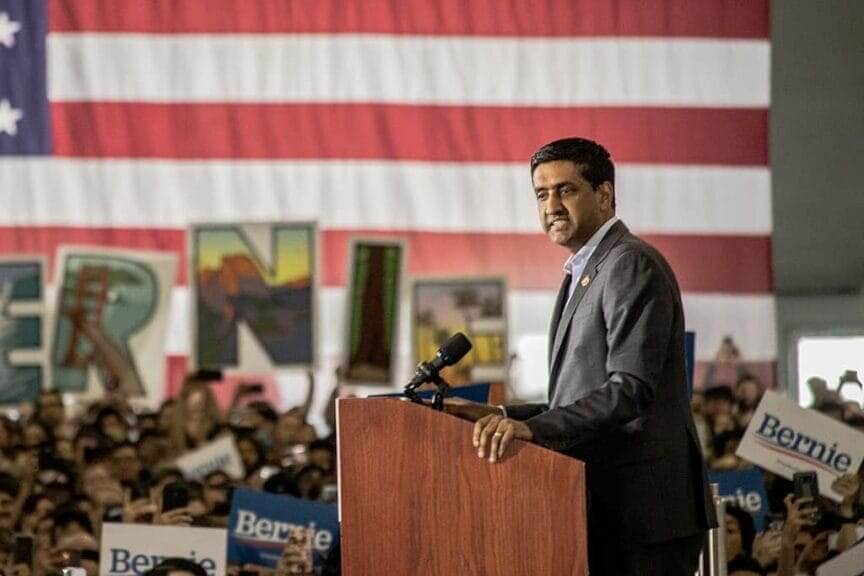 Populist representative ro khanna speaks at a bernie sanders rally in 2020