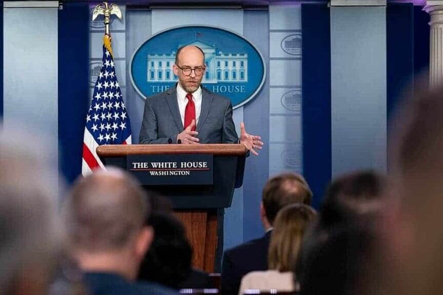 Russell Vought at a White House press briefing in 2019