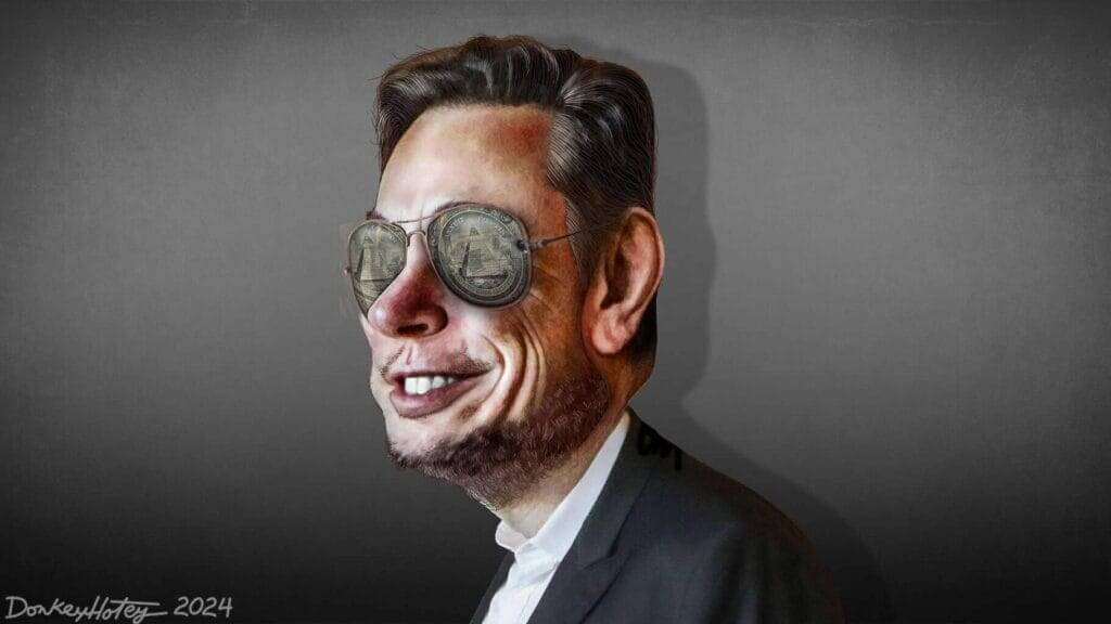 Caricature of Elon Musk wearing aviator sunglasses