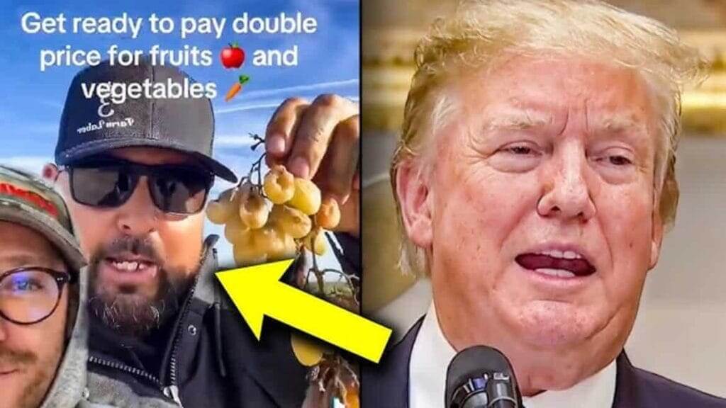 Farmers in a split-screen with President Trump