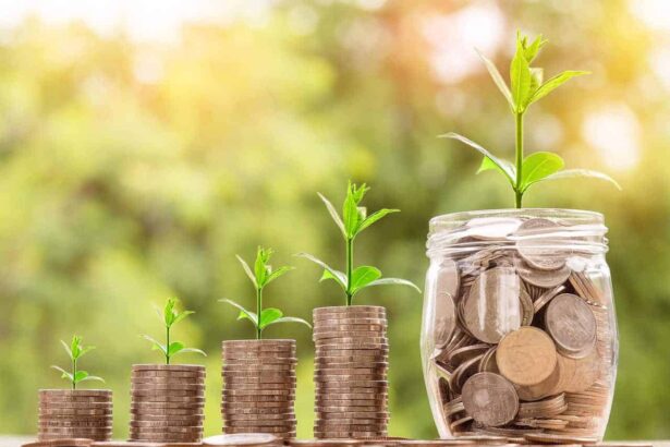 Stacks of coins with plants growing out of them