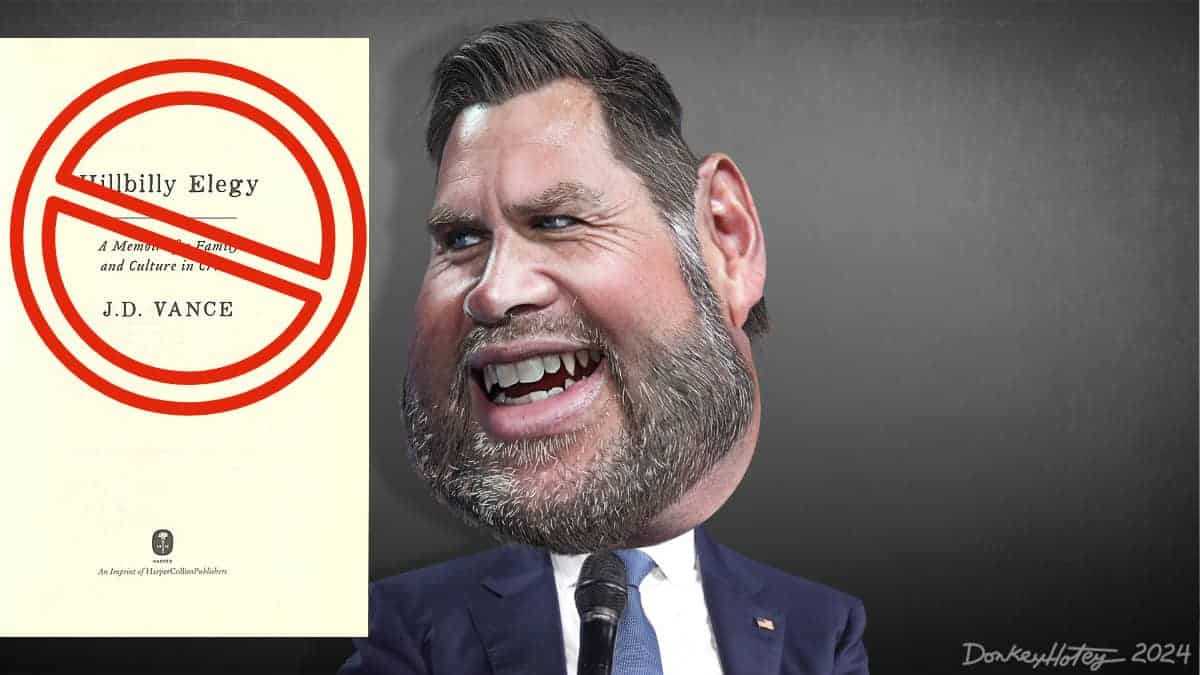 Caricature of JD Vance looking at his banned book, Hillbilly Elegy