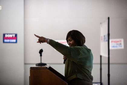 California’s Medicaid program pays for the in-home care that Cynthia Williams provides for her sister, a military veteran with post-traumatic stress disorder, and her daughter, who is blind. Williams spoke at a town hall meeting in Tustin, California, on Feb. 20, urging the audience to send GOP lawmakers a loud and clear message: Hands off Medicaid.
