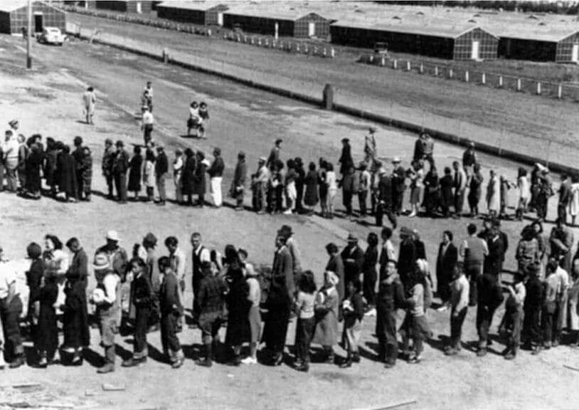 Alien enemies act japanese internment camp line for the mess hall.
