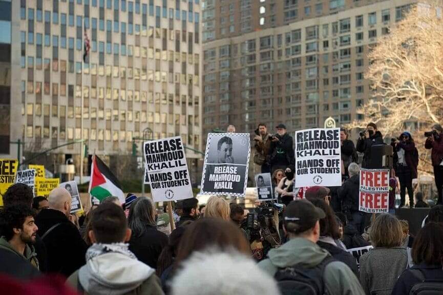 Protest against detention of Mahmoud Khalil for speech. Dehumanizing immigrants