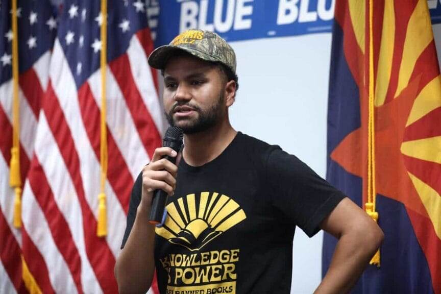 Maxwell Frost at a campaign event for Harris