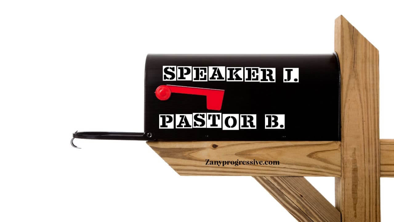 Black mailbox with letter stickers spelling out the names speaker j and pastor b
