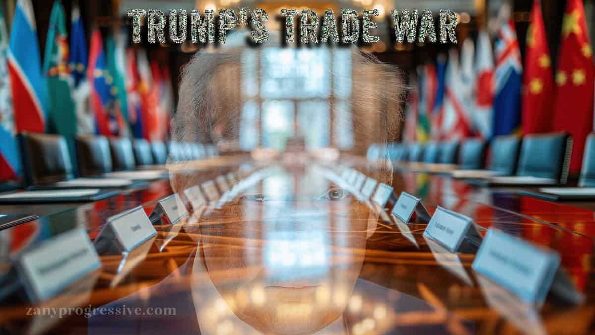 World meeting table with teump’s face superimposed on the photo