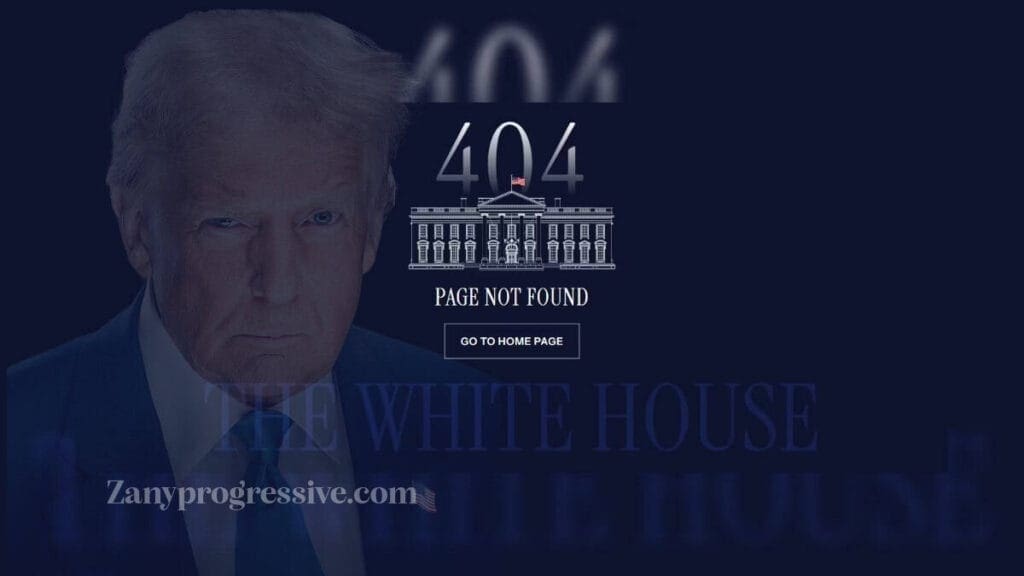 Official 404 page of the White House website with Trump’s official portrait blending into it.