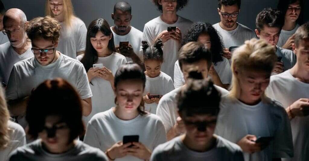 Add moments occur more often thanks to social media. A diverse crowd of people using smartphones, highlighting modern social connections and isolation.