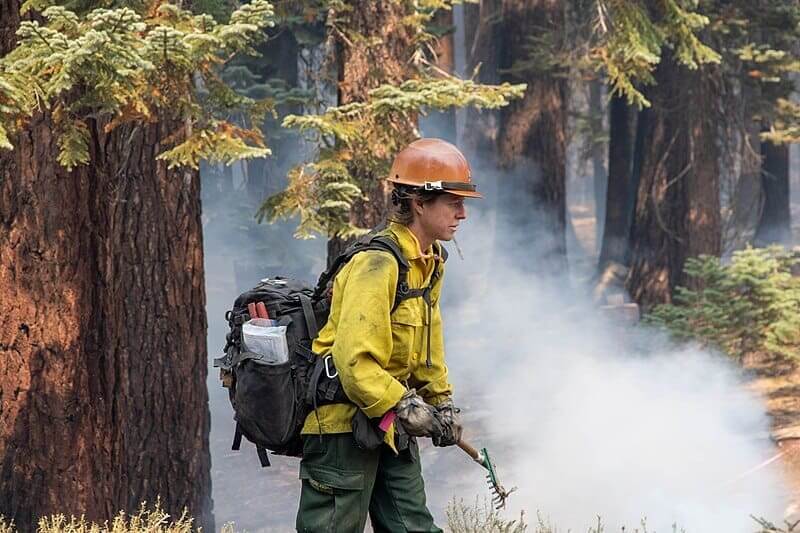 Wildland firefighter walking the perimeter of a fire
