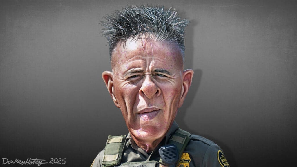 Cbp agents are back in chicago. Caricature of greg bovino, head of border patrol