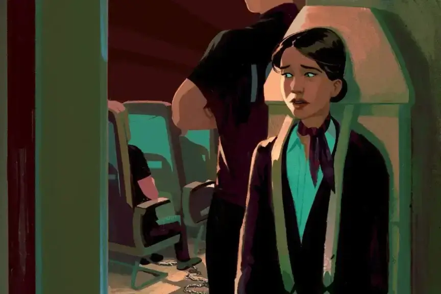 Illustration of a flight attendant on an ICE air flight