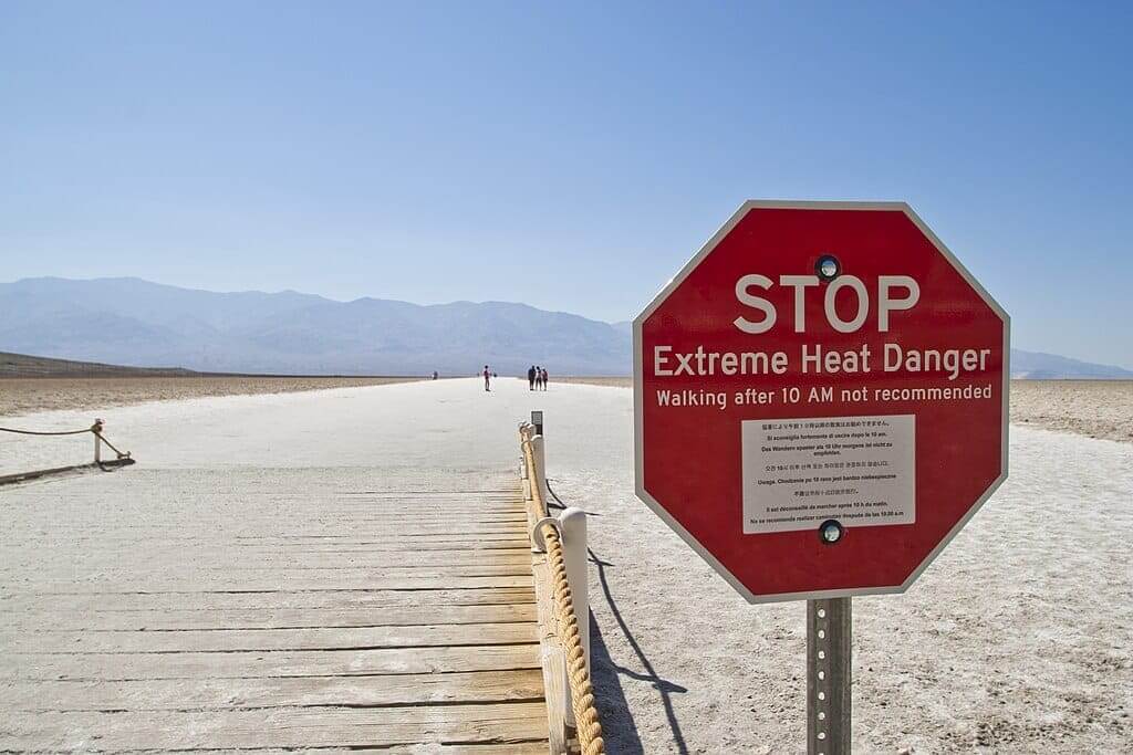 Extreme heat warning sign in death valley, california, usa