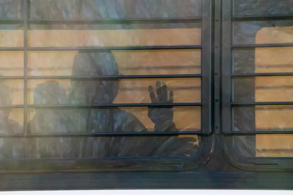 Illustration of the shadow of an ice air detainee at a plane window