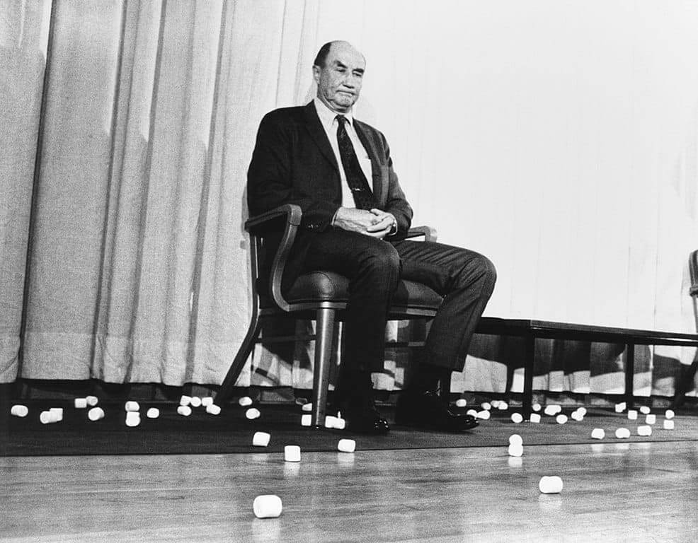 Cory booker’s senate speech beat strom thurmond. Strom thurmond sitting in a chair on stage surrounded by marshmallows students threw at him