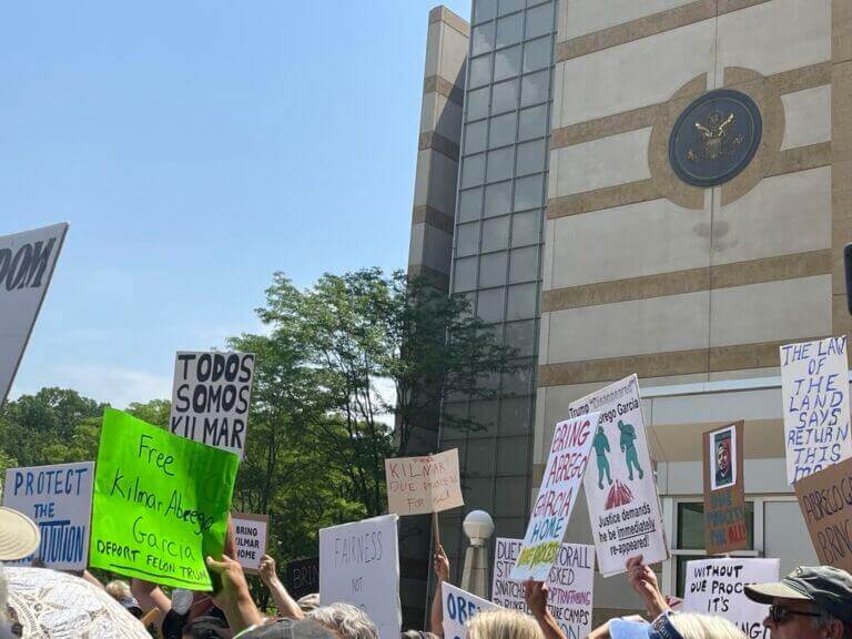 Dozens of signs outside the u. S. District court for the district of maryland in support of abrego garcia before friday’s hearing.