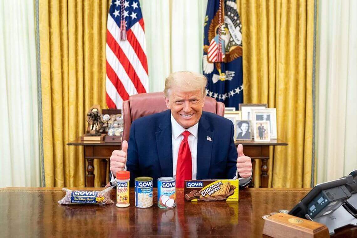 President trump in his first term, advertising goya products in the oval office.
