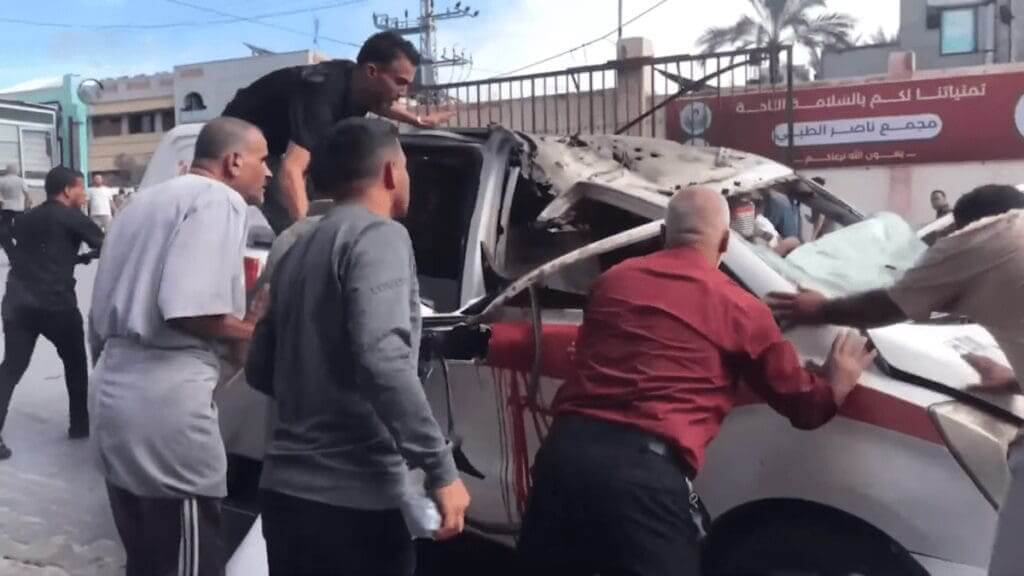 Gaza ambulance, first responders bombed in front of a hospital. Israel killed paramedics in Lebanon