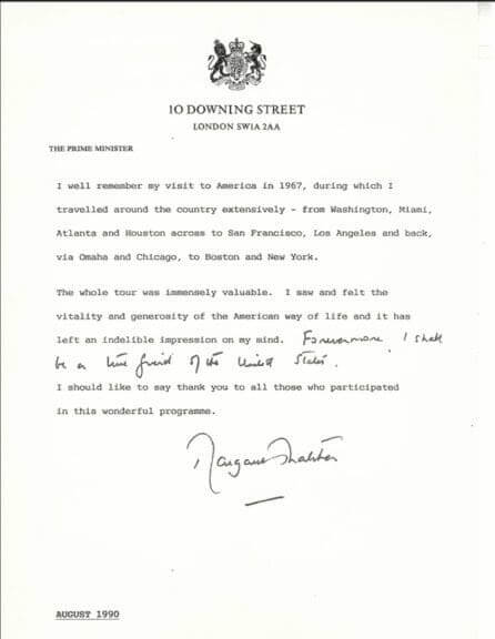 Letter from UK Prime Minister Margaret Thatcher