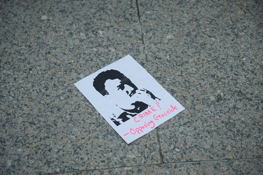 Mahmoud khalil protest poster. Anti-palestinian groups doxxed him and others.