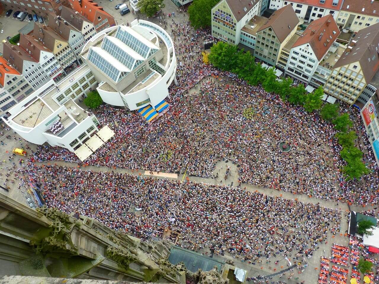 College campus protest aerial view