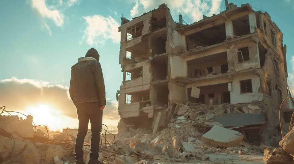 A man stands in an empty city, looking at a building reduced to rubble in war