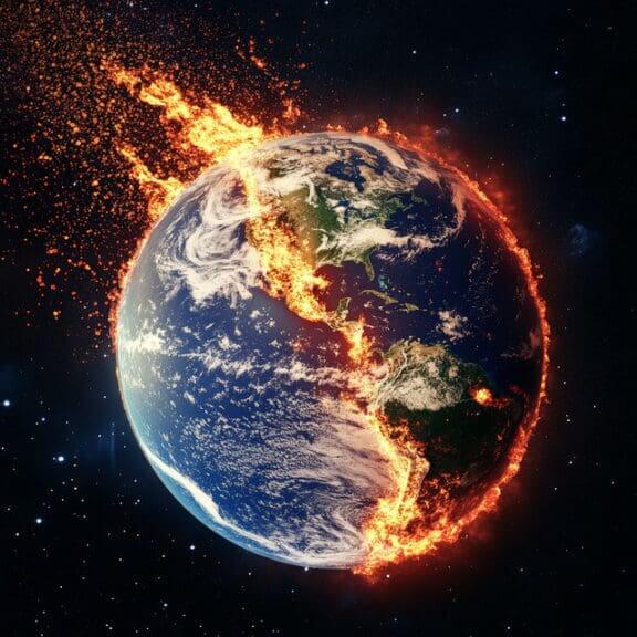 burning planet daniel r Ai generated image of the earth burning up in space. Its an image that comes to fund while reading the 2025 annual climate report