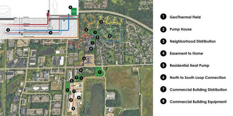 Illustration of a geothermal neighborhood in michigan