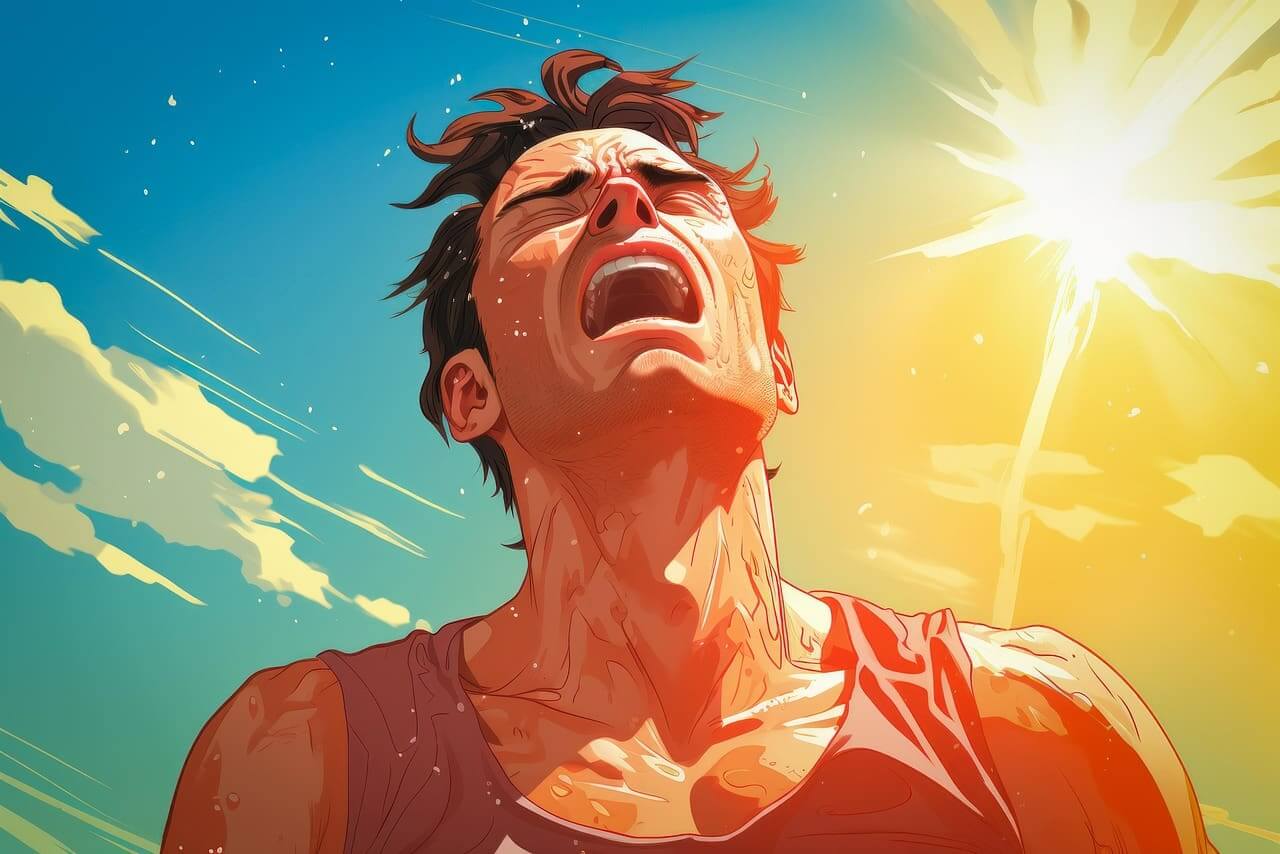 Cartoon of a man sweating with the hot sun shining down on him