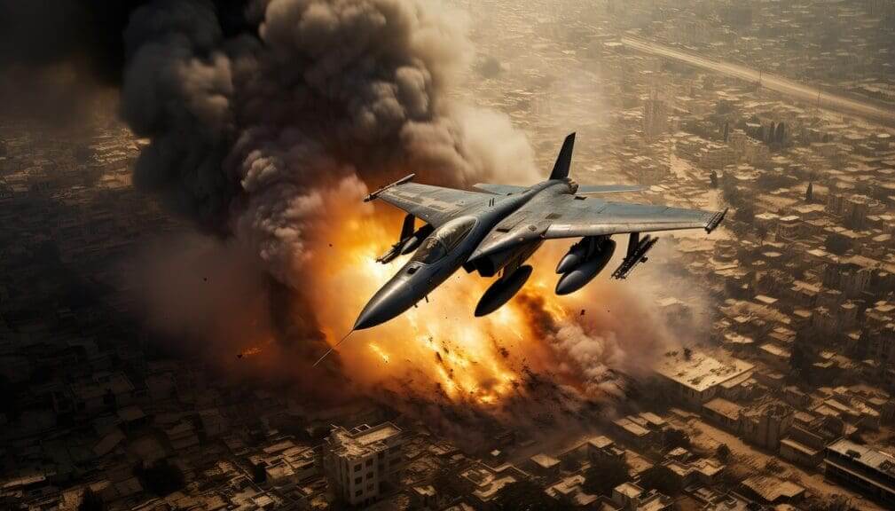Israel strikes Iran. A plane dropping bombs graphic.