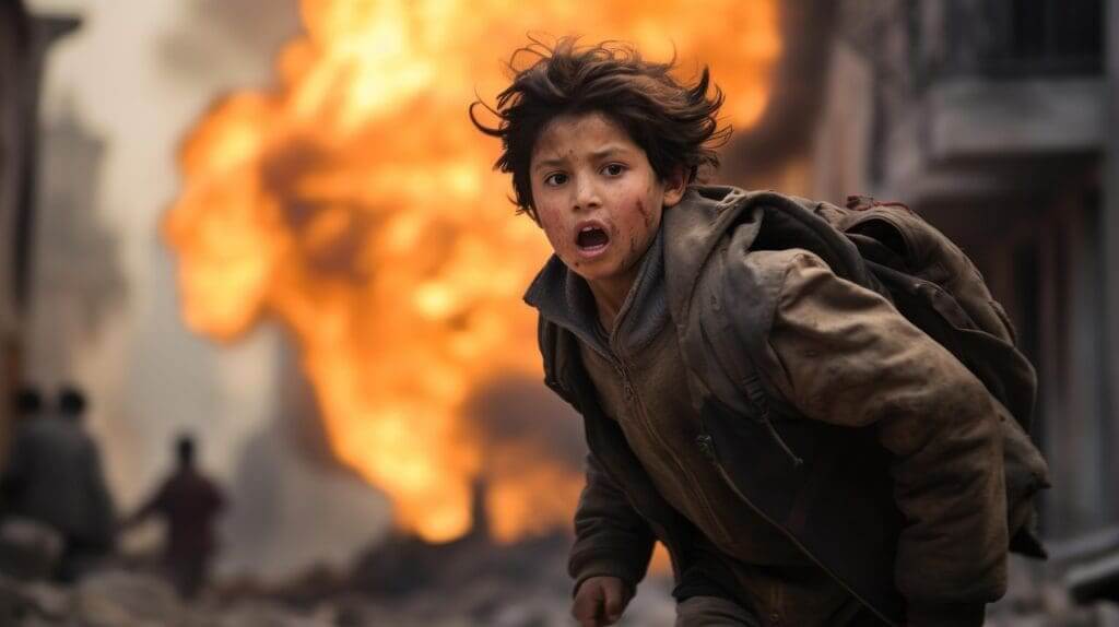 Genocides little boy in a war zone looking terrified