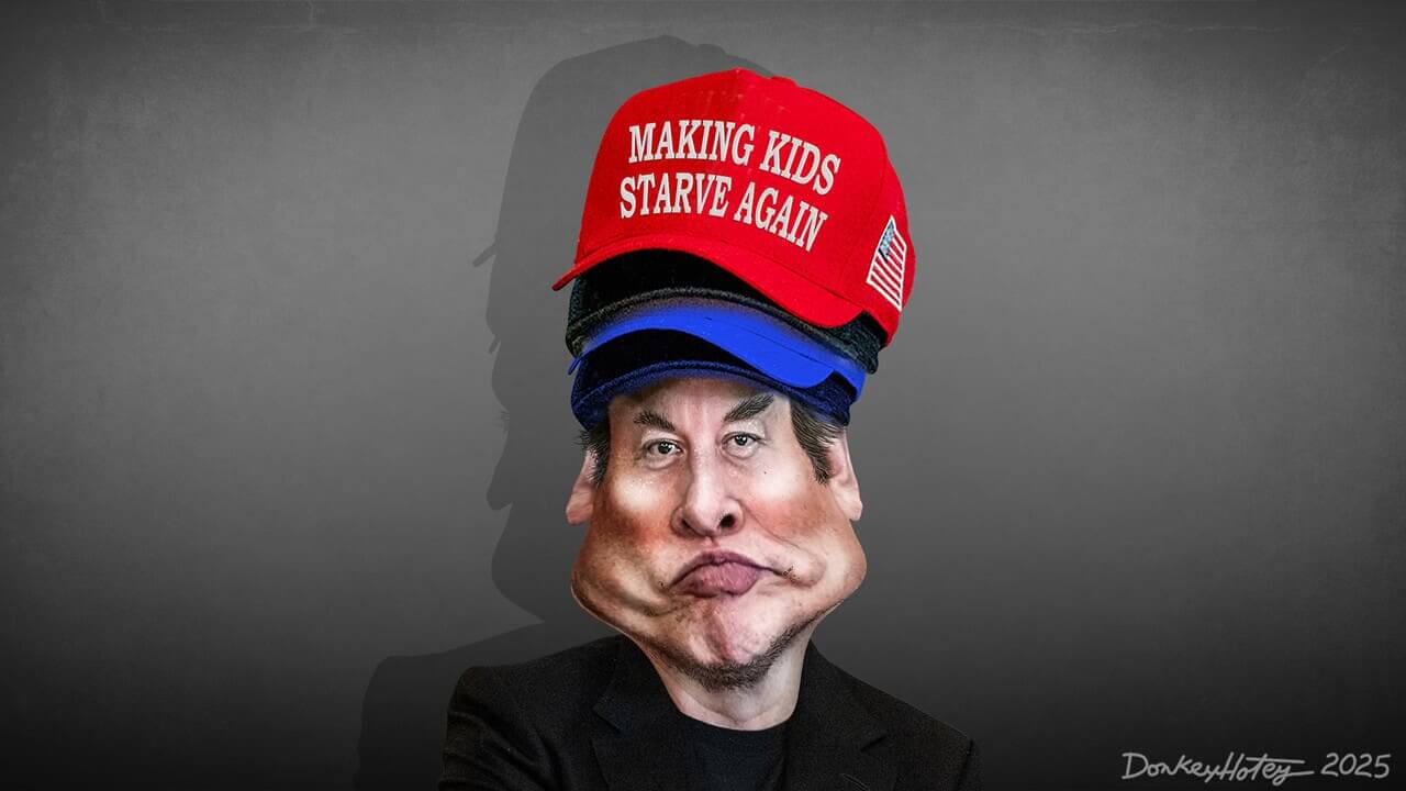 Elon musk caricature wearing a red maga hat that says,”make kids starve again. ” it references the consequences of u said shutting down.