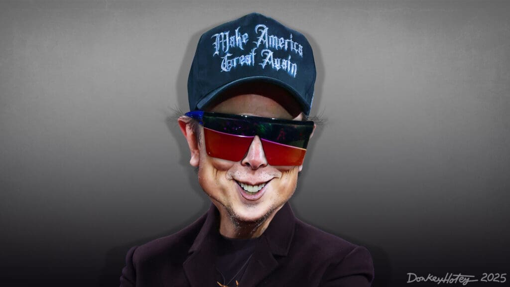 Caricature of Elon Musk in hat and sunglasses