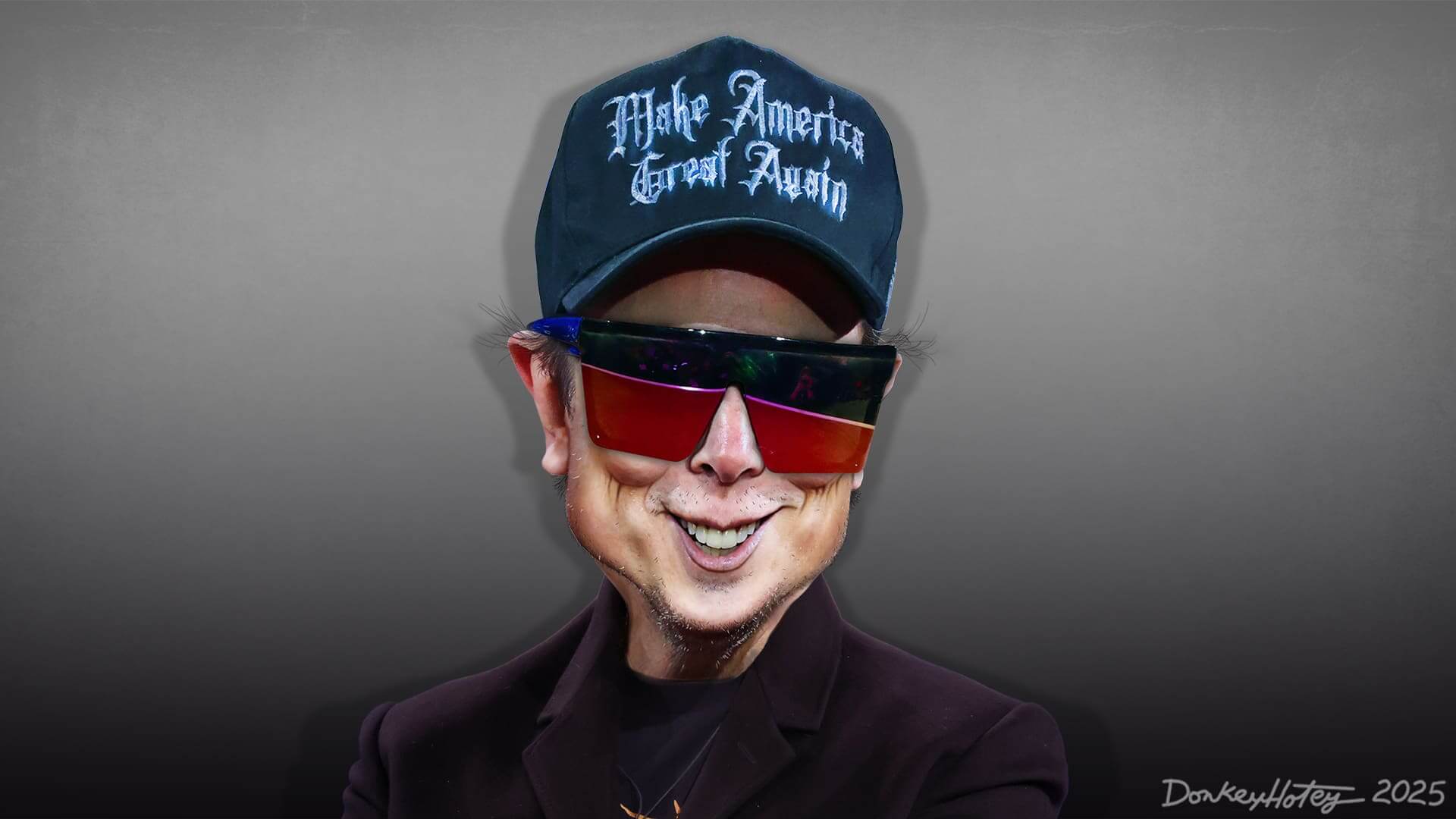 Caricature of elon musk in hat and sunglasses