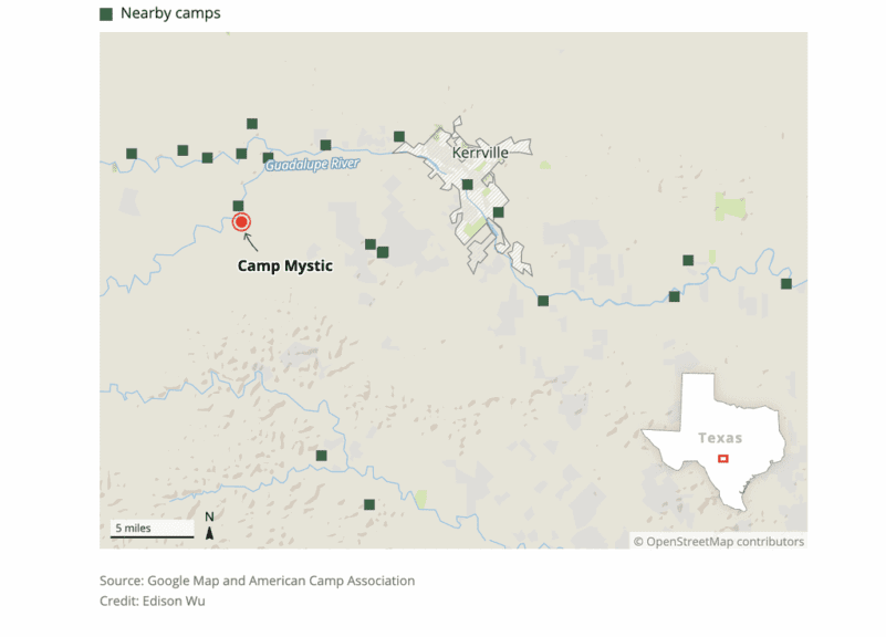 Map of camp mystic and others affected by hill country floods