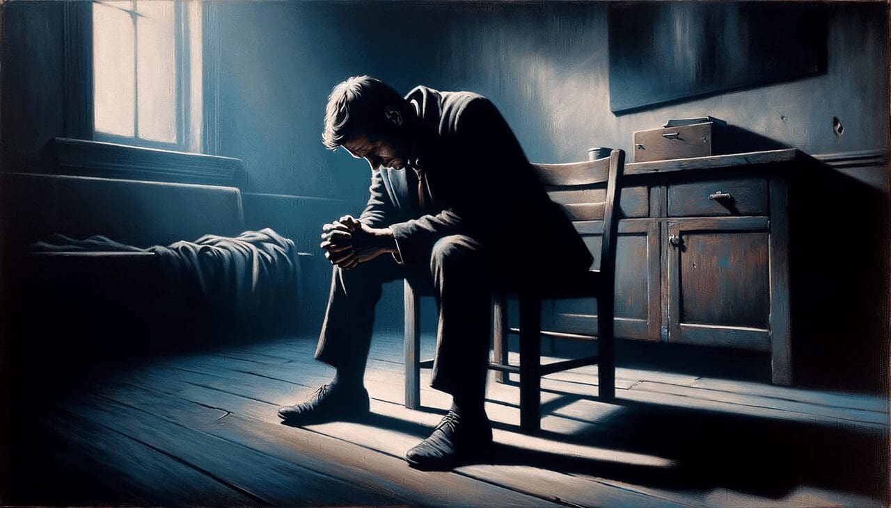 Rural suicide belt. Depressed man sitting in a chair with his head down